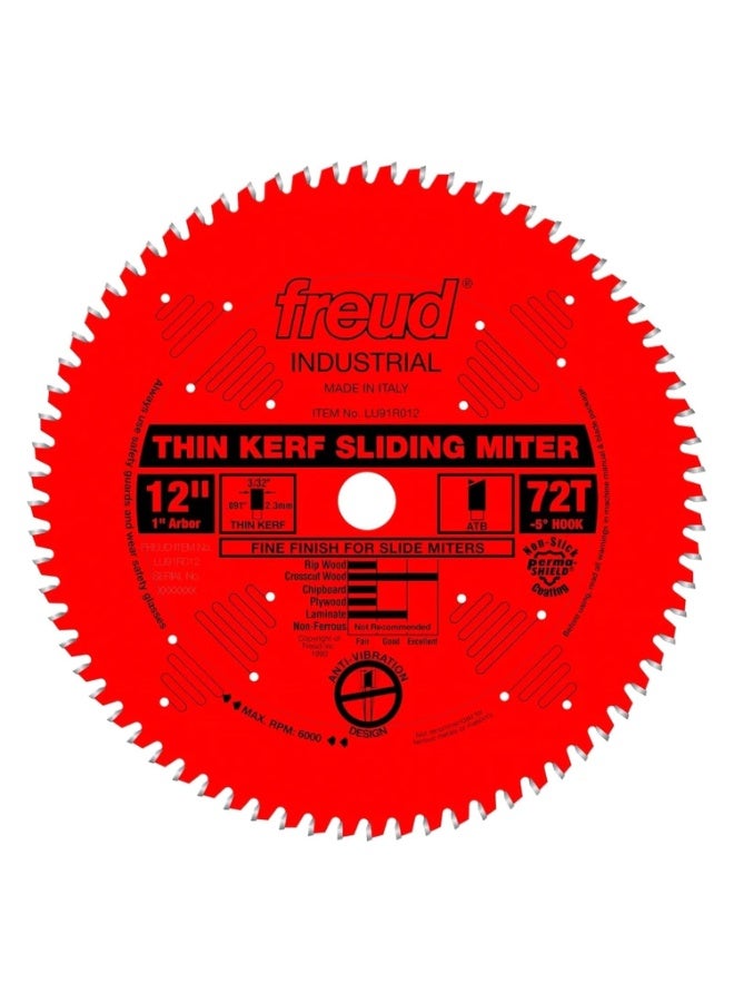 freud Freud Thin Kerf Sliding Compound Miter Saw Blade with Premium Tico Hi-Density Carbide Crosscutting Blend for Maximum Performance - 12" Diameter, 72 Teeth, ATB Grind - LU91R012 