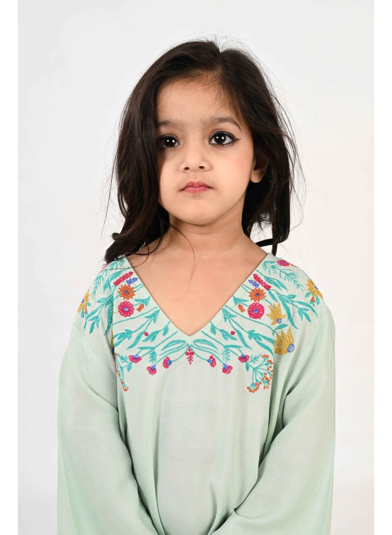 Linelle Kids Jalabiya – Pastel Grey Rayon Maxi with Full Loose Sleeves and Embroidery Detailing - Image 5