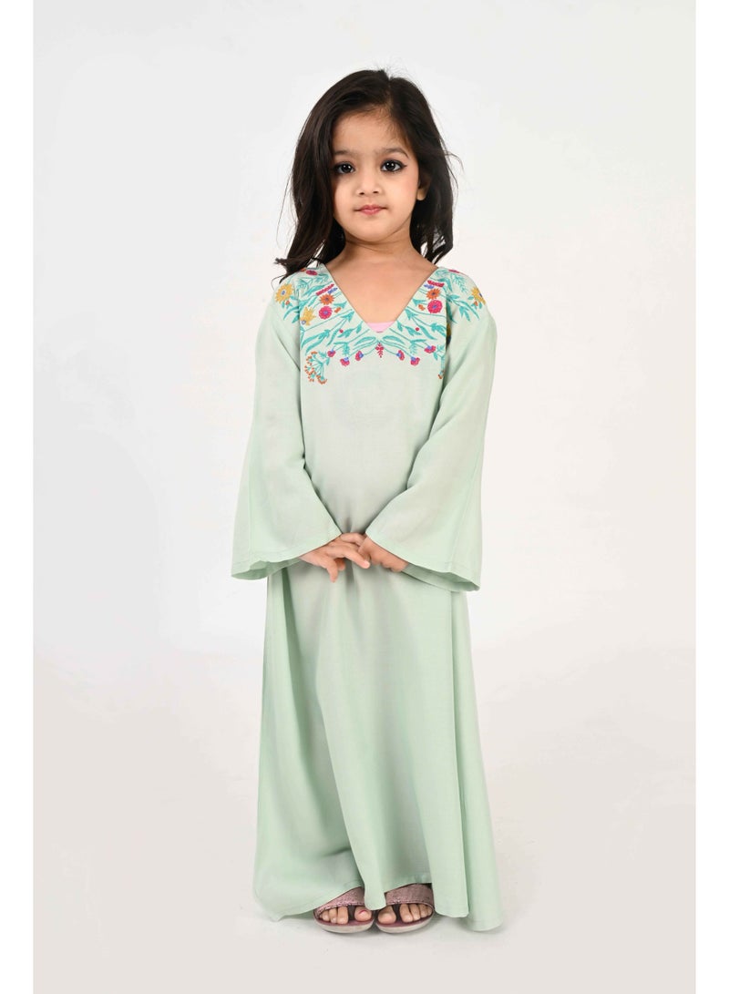 Linelle Kids Jalabiya – Pastel Grey Rayon Maxi with Full Loose Sleeves and Embroidery Detailing - Image 1