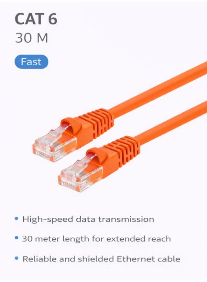 تيسو كابل إيثرنت CAT 6، 30 متر – نقل بيانات عالي السرعة، معتمد من UL، خالي من المسامير، مع جهات ذهبية مغطاة - Image 1