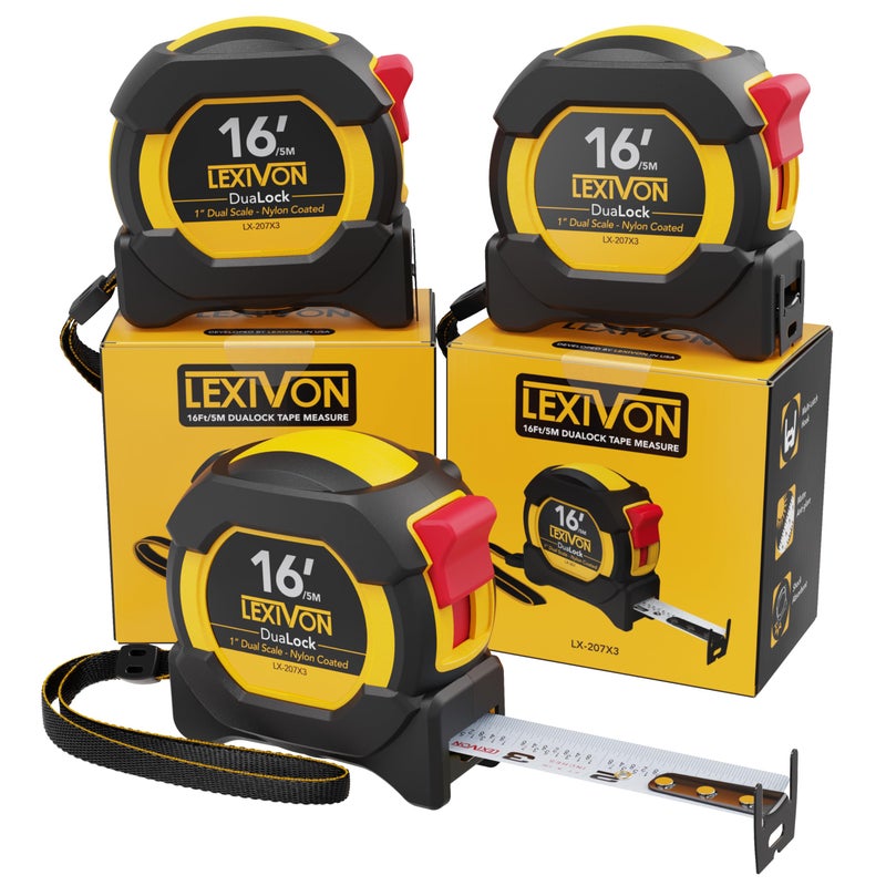 LEXIVON [3-Pack] 16Ft/5m DuaLock Tape Measure | 1-Inch Wide Blade with Nylon Coating, Matte Finish White & Yellow Dual Sided Rule Print | Ft/Inch/Fractions/Metric (LX-207X3) - Image 1