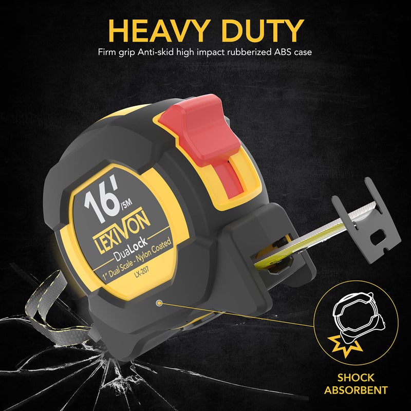 LEXIVON [3-Pack] 16Ft/5m DuaLock Tape Measure | 1-Inch Wide Blade with Nylon Coating, Matte Finish White & Yellow Dual Sided Rule Print | Ft/Inch/Fractions/Metric (LX-207X3) - Image 5