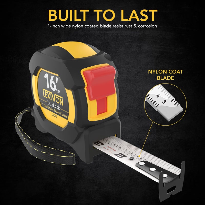 LEXIVON [3-Pack] 16Ft/5m DuaLock Tape Measure | 1-Inch Wide Blade with Nylon Coating, Matte Finish White & Yellow Dual Sided Rule Print | Ft/Inch/Fractions/Metric (LX-207X3) - Image 2