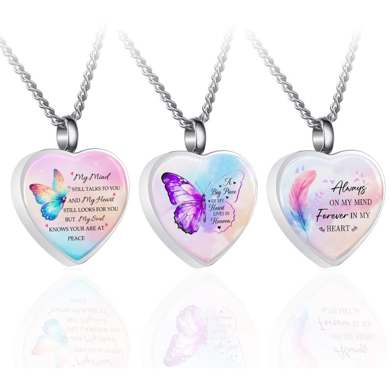 RIPFEVURN 3pcs Cremation Jewelry Heart Butterfly Urn Necklaces for Ashes for Women Stainless Steel Glass Urn Locket for Human Ashes Holder Memorial Keepsake Pendant - Image 2
