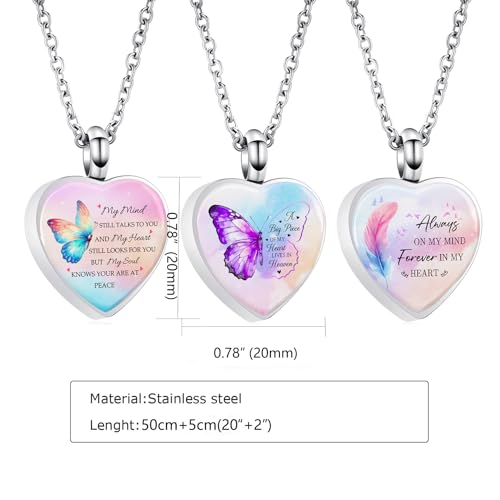 RIPFEVURN 3pcs Cremation Jewelry Heart Butterfly Urn Necklaces for Ashes for Women Stainless Steel Glass Urn Locket for Human Ashes Holder Memorial Keepsake Pendant - Image 3