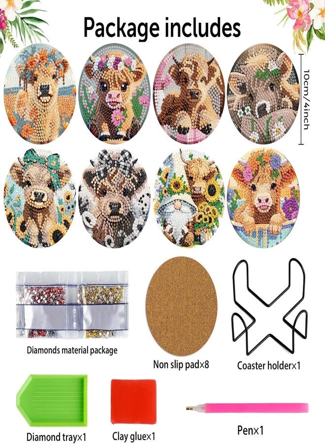 croshom 8 Pieces Cow Diamond Art Coasters Kit, Diamond Painting Coasters, Cow Diamonds Art Painting Kits,5D DIY Full Drill Diamonds Arts Kits for Adults Gift & Home Decor - Image 4