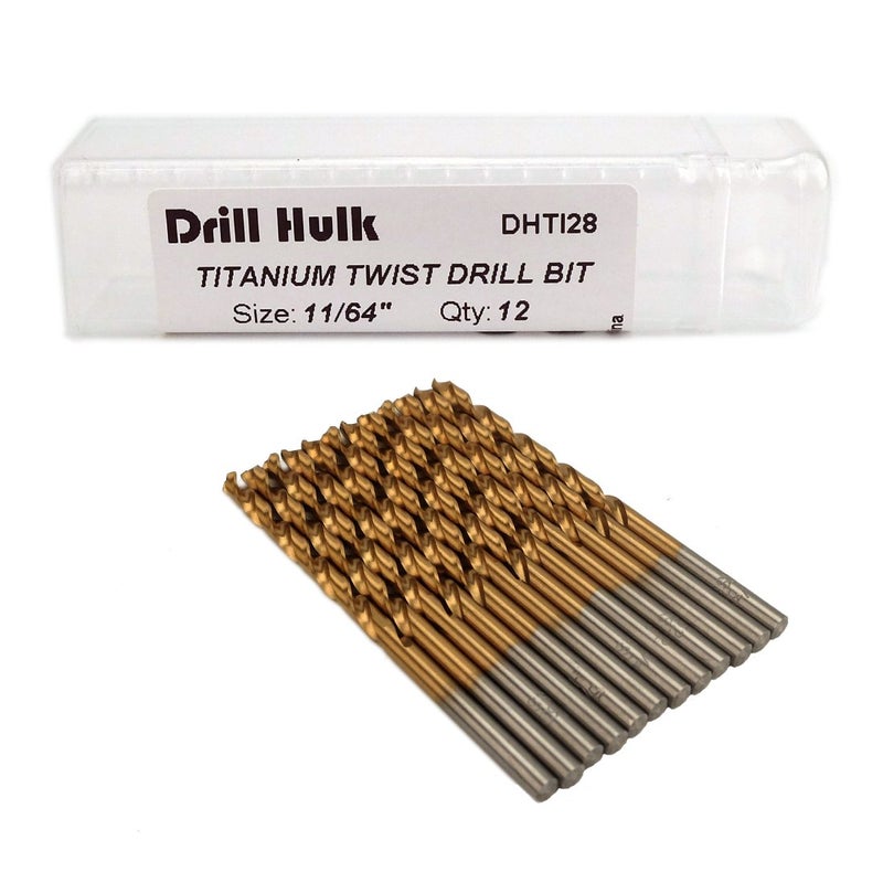 Drill Hulk Pack of 12, 11/64-Inch Titanium Nitride Coated Drill Bit, Premium M2 High Speed Steel, Jobber Length, for Metal, Plastic, Wood - Image 1