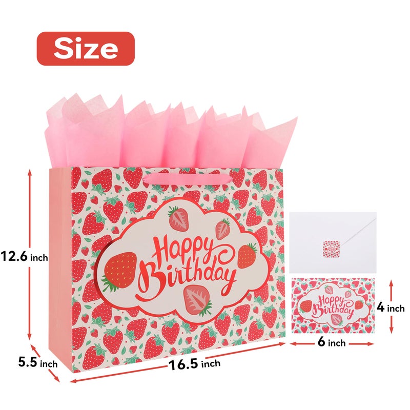 wishinside 16.5â€ Extra Large Strawberry Happy Birthday Gift Bag Set with Handles, Greeting Card, Tissue Papers and Stickers for Girls Kids Teens Women, Fruit Themed Birthday Design, 1 Pcs - Image 2