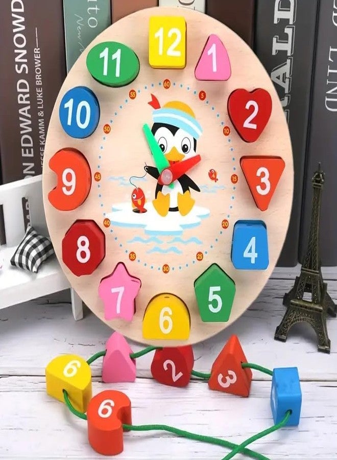 TUPERMAR Wooden Learning Clock with Bead Lace Wooden Montessori Clock Toy Learning with Bead Lace Early Educational Digital Analog Numbers Shape Color Learning Toy for Kids - Image 2