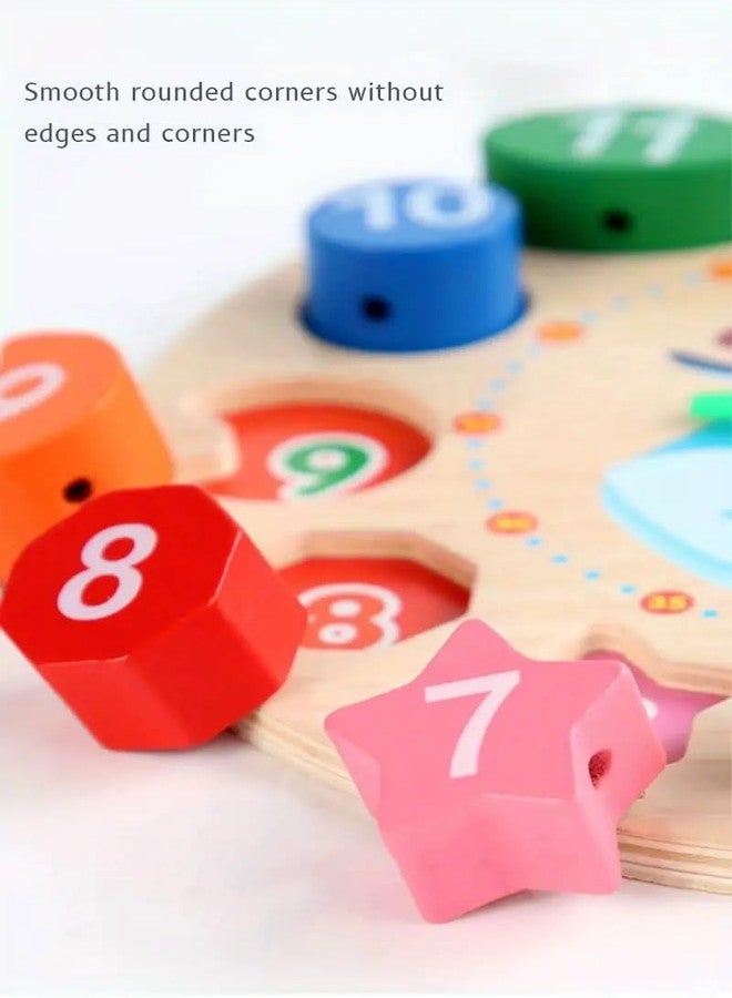 TUPERMAR Wooden Learning Clock with Bead Lace Wooden Montessori Clock Toy Learning with Bead Lace Early Educational Digital Analog Numbers Shape Color Learning Toy for Kids - Image 5