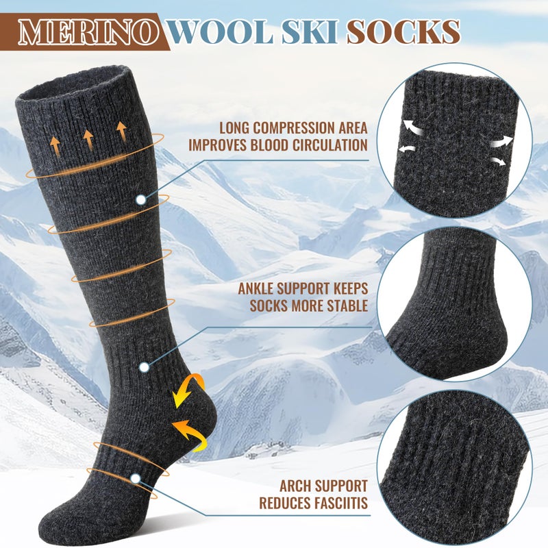 Eocom Unisex Merino Wool Ski Socks Thermal Warm Winter Thick Knee High Long Snowboarding Boot Socks for Women Men 3 Pairs(Black/Grey, Large) - Image 4