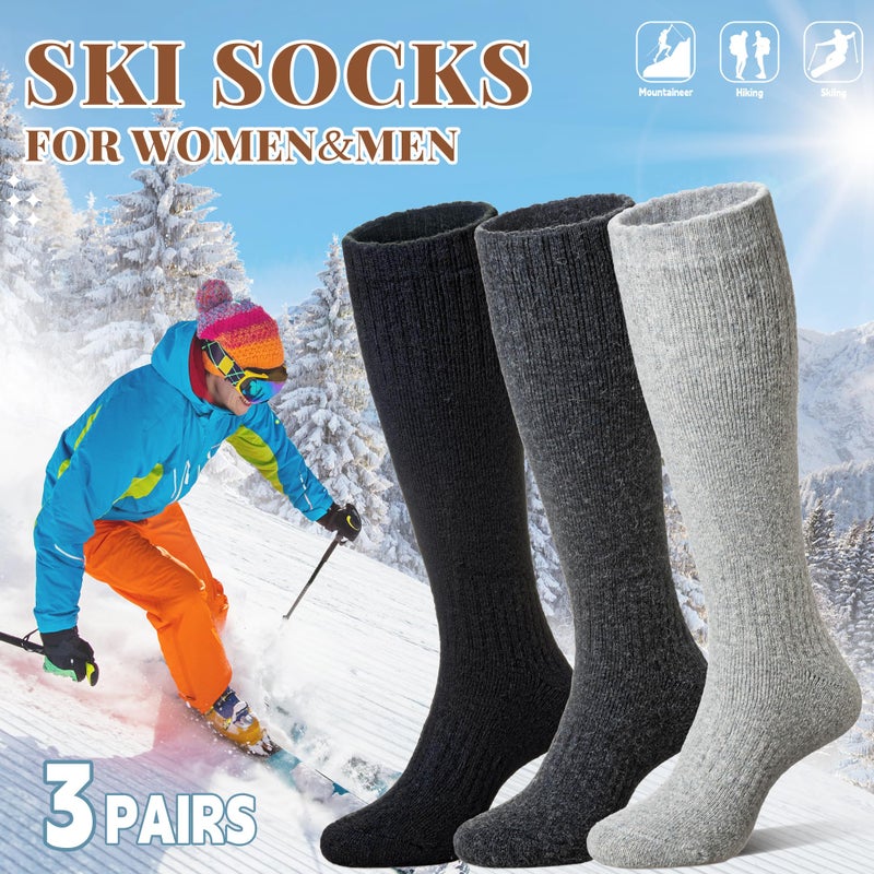 Eocom Unisex Merino Wool Ski Socks Thermal Warm Winter Thick Knee High Long Snowboarding Boot Socks for Women Men 3 Pairs(Black/Grey, Large) - Image 2