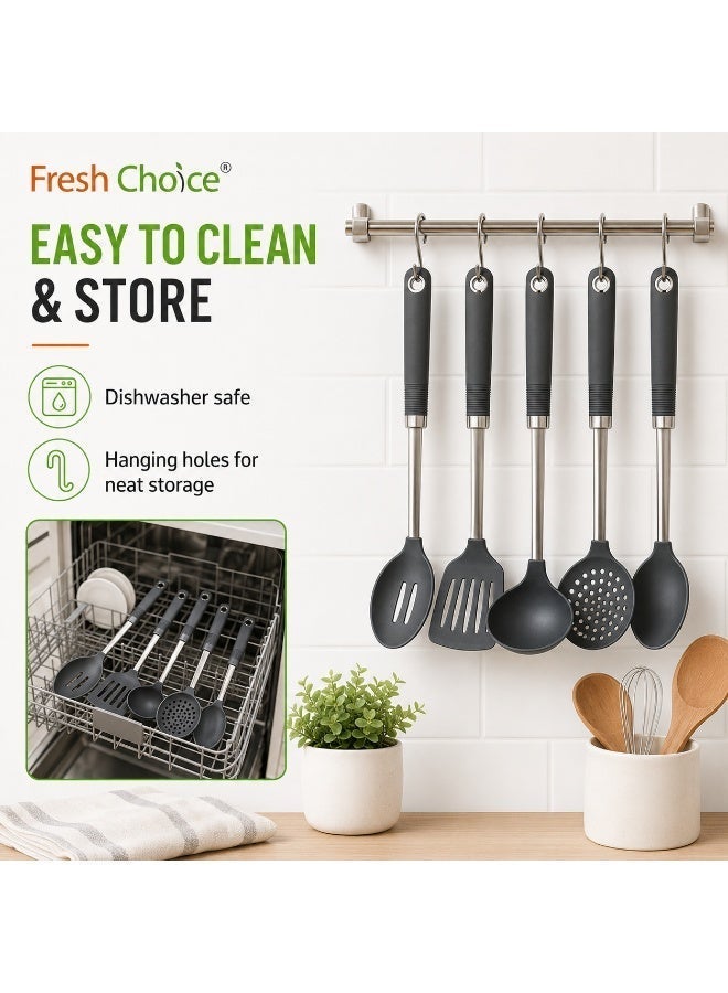 Fresh Choice 5 Piece Nylon Kitchen Utensil Set with Stainless Steel Handles, Heat Resistant Cooking Tools for Non-Stick Cookware - Image 4