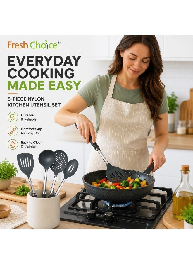 Fresh Choice 5 Piece Nylon Kitchen Utensil Set with Stainless Steel Handles, Heat Resistant Cooking Tools for Non-Stick Cookware - Image 2