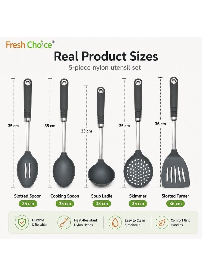 Fresh Choice 5 Piece Nylon Kitchen Utensil Set with Stainless Steel Handles, Heat Resistant Cooking Tools for Non-Stick Cookware - Image 5