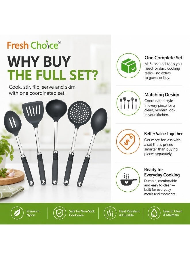 Fresh Choice 5 Piece Nylon Kitchen Utensil Set with Stainless Steel Handles, Heat Resistant Cooking Tools for Non-Stick Cookware - Image 3