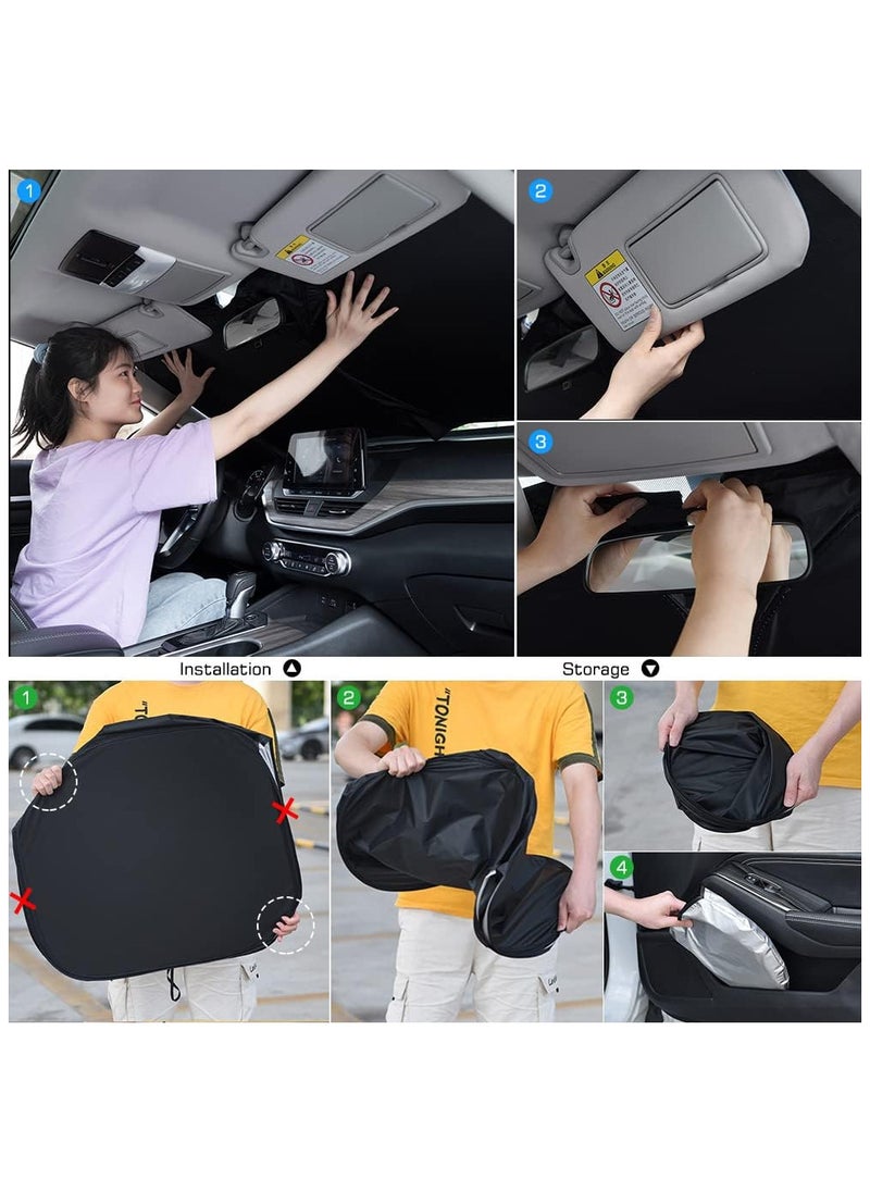 Foldable Car Windshield Sunshade with Storage Pouch, Front Windshield Reflective Sunshad, Car Front Window for Top Blocks UV Rays and Sun Heat Protection, Keeps Vehicle Cooler(145cm*80cm)