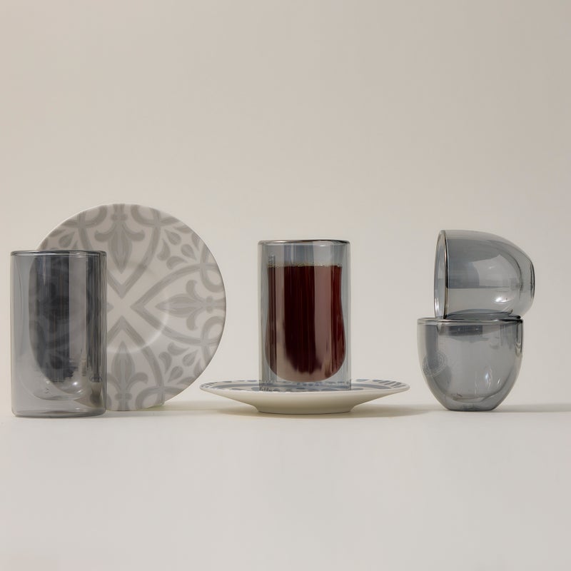 دلتي طقم أكواب شاي وفناجين قهوة سعودية زجاج وبورسلان أبيض 18 قطعة - Image 2