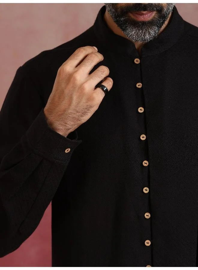ترو برونز Men's Black Cotton Dobby Kurta Co-ord Set
