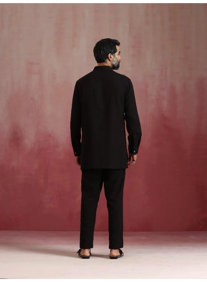 ترو برونز Men's Black Cotton Dobby Kurta Co-ord Set