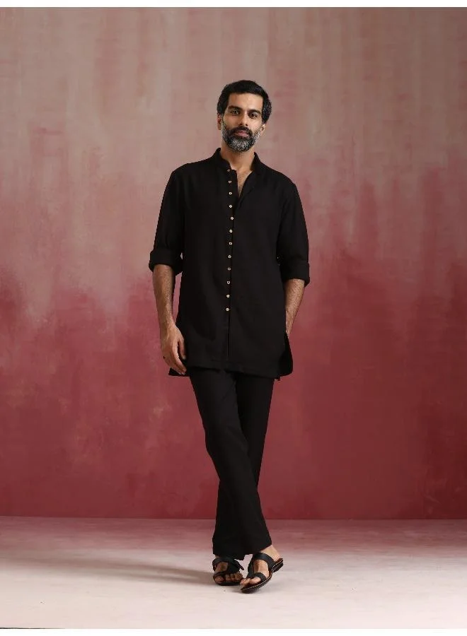ترو برونز Men's Black Cotton Dobby Kurta Co-ord Set