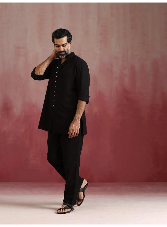 ترو برونز Men's Black Cotton Dobby Kurta Co-ord Set