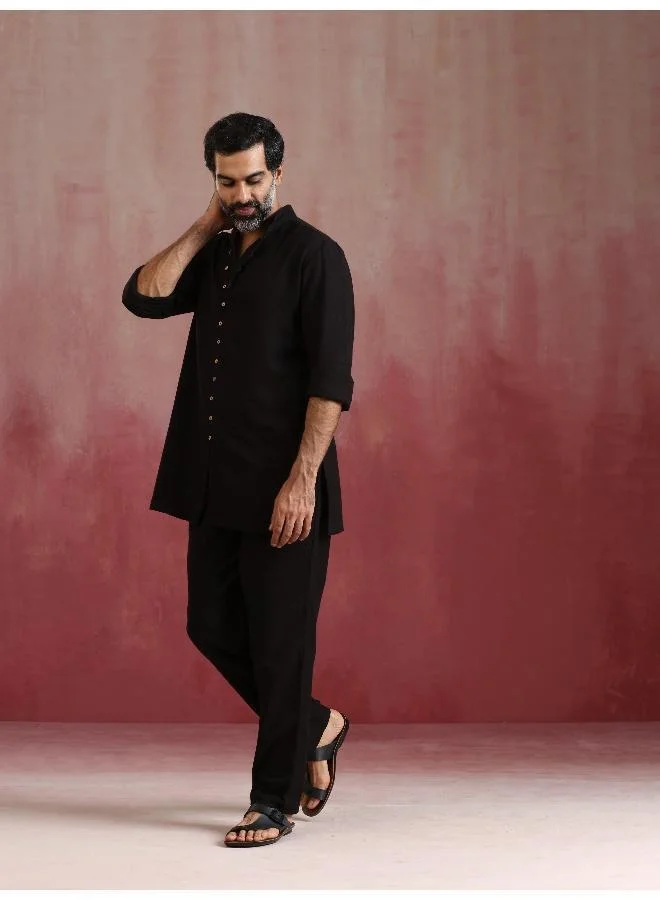 ترو برونز Men's Black Cotton Dobby Kurta Co-ord Set