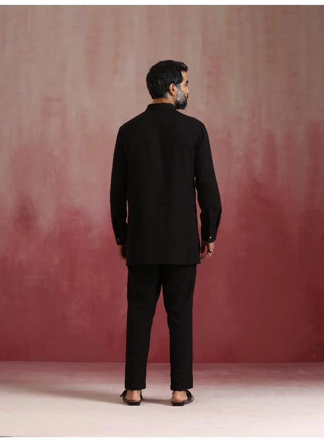 ترو برونز Men's Black Cotton Dobby Kurta Co-ord Set