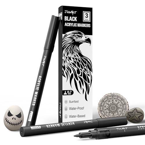 JusArt 3 Pack Black Acrylic Paint Markers, 0.7mm Fine Point Acrylic Paint Pens for Rock Painting, Art Projects, Ceramic, Glass, Wood, Metal, Fabric, DIY Crafts, Ideal Black Paint Pen for Art Supplies - Image 1