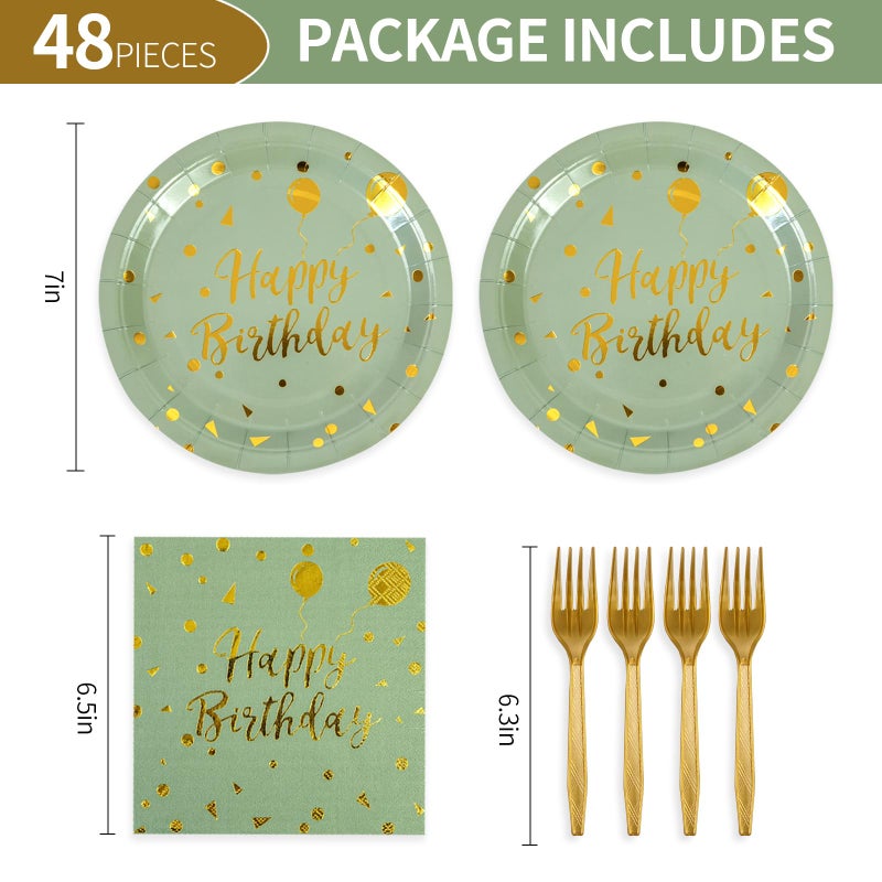 73Hours 48PCS Happy Birthday Plates and Napkins Party Supplies, Sage Green and Gold Disposable Paper Plates and Napkins with Forks Tableware Set for Birthday Party Decorations 16 Guests (Sage Green) - Image 2