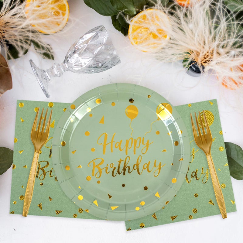 73Hours 48PCS Happy Birthday Plates and Napkins Party Supplies, Sage Green and Gold Disposable Paper Plates and Napkins with Forks Tableware Set for Birthday Party Decorations 16 Guests (Sage Green) - Image 5