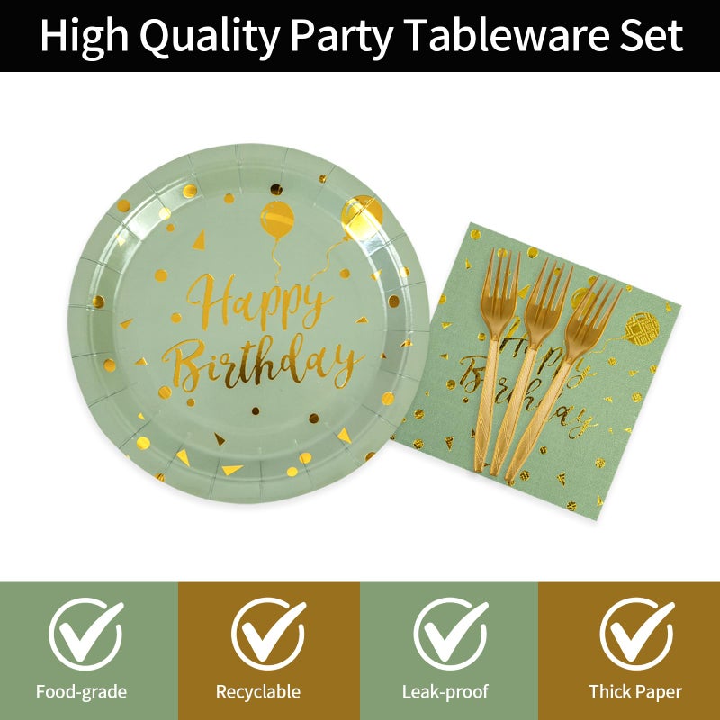 73Hours 48PCS Happy Birthday Plates and Napkins Party Supplies, Sage Green and Gold Disposable Paper Plates and Napkins with Forks Tableware Set for Birthday Party Decorations 16 Guests (Sage Green) - Image 3