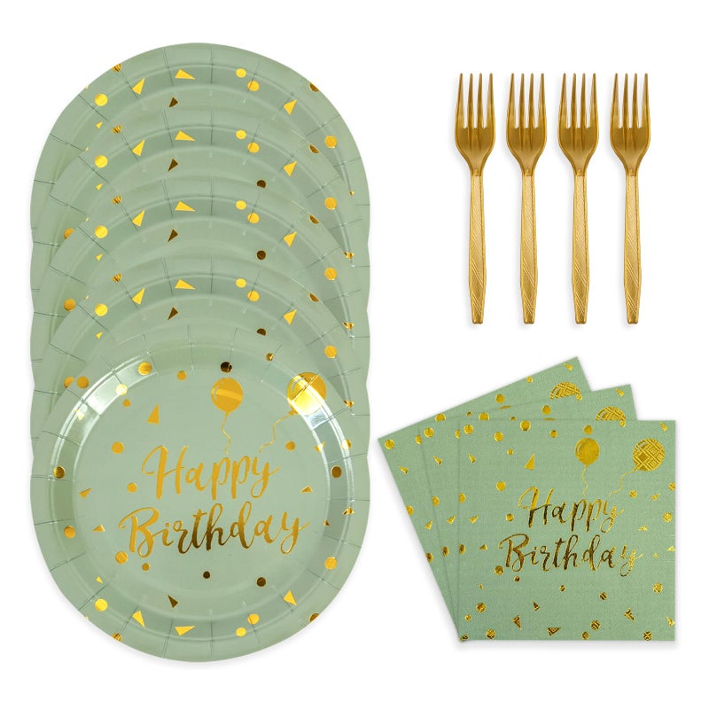 73Hours 48PCS Happy Birthday Plates and Napkins Party Supplies, Sage Green and Gold Disposable Paper Plates and Napkins with Forks Tableware Set for Birthday Party Decorations 16 Guests (Sage Green) - Image 1