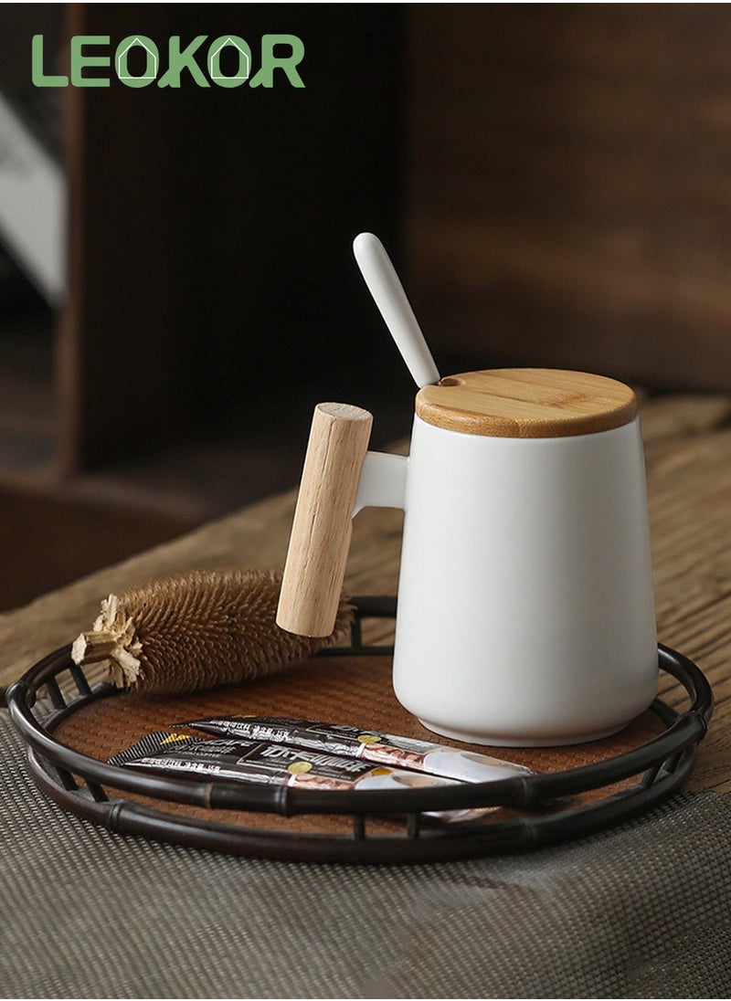 Ceramic Coffee Mugs with Lid 14 oz Vintage Matte Coffee Mugs Set with Lid and Spoon White