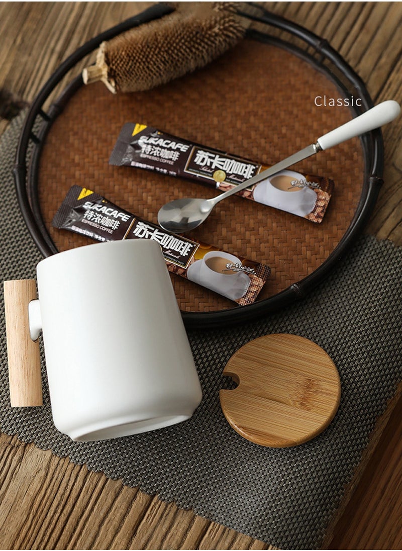 Ceramic Coffee Mugs with Lid 14 oz Vintage Matte Coffee Mugs Set with Lid and Spoon White