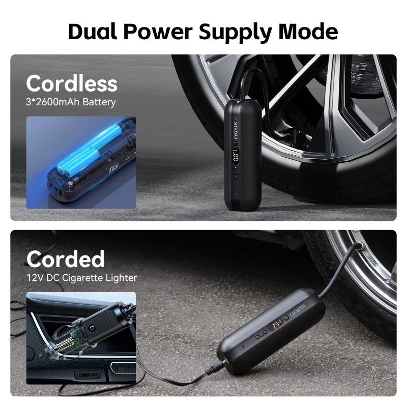 CYCPLUS Tire Inflator Portable Air Compressor - 150PSI Cordless Air Pump with Digital Tire Pressure Gauge, Accurate LCD Display & LED Light, DC/AC 2-in-1 for Car/Motorcycle/E-Bike/Ball(2025 Version) - Image 4