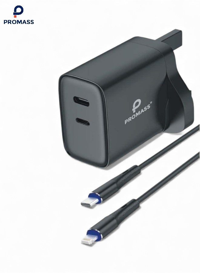 PROMASS Fast charger, 30W charging cable and plug, dual USB Type-C charger plug with a pack of USB-C to Lightning fast charging cables, USB-C charger with cable for iPhone 14, 13, 12 Pro Max, iPad and more - Image 1