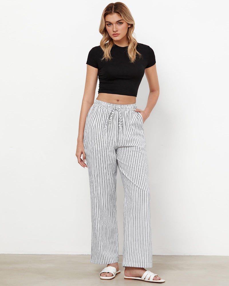 GRAPENT Womens White Pants Women's White Linen Wide Leg Pants Flowy Linen Women Comfy Flowy Wide Leg Black Stripe Size Small US 4 to 6 - Image 4