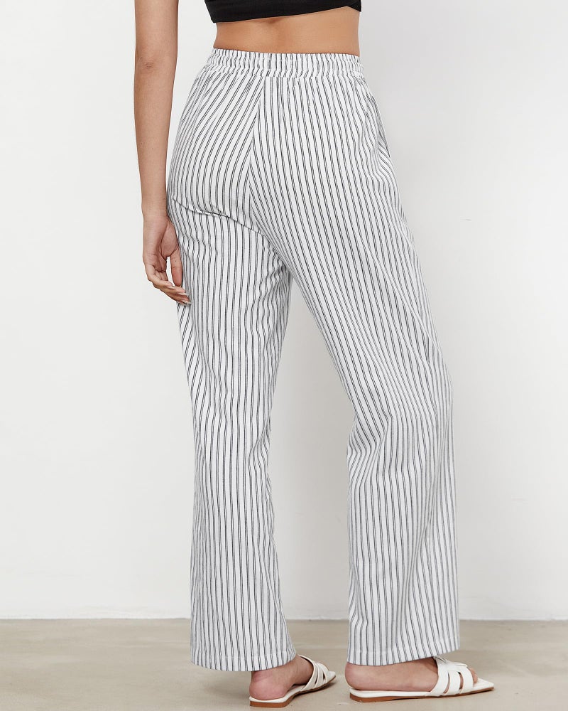 GRAPENT Womens White Pants Women's White Linen Wide Leg Pants Flowy Linen Women Comfy Flowy Wide Leg Black Stripe Size Small US 4 to 6 - Image 3
