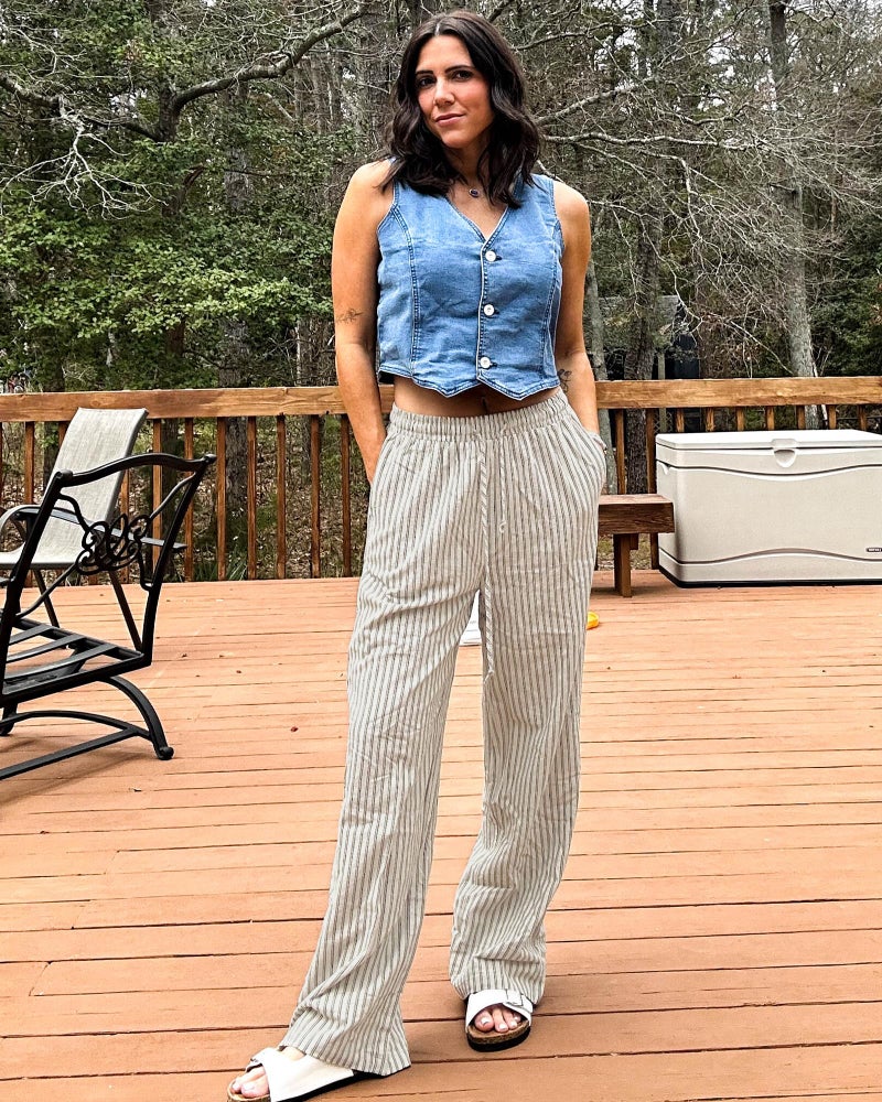 GRAPENT Womens White Pants Women's White Linen Wide Leg Pants Flowy Linen Women Comfy Flowy Wide Leg Black Stripe Size Small US 4 to 6 - Image 5