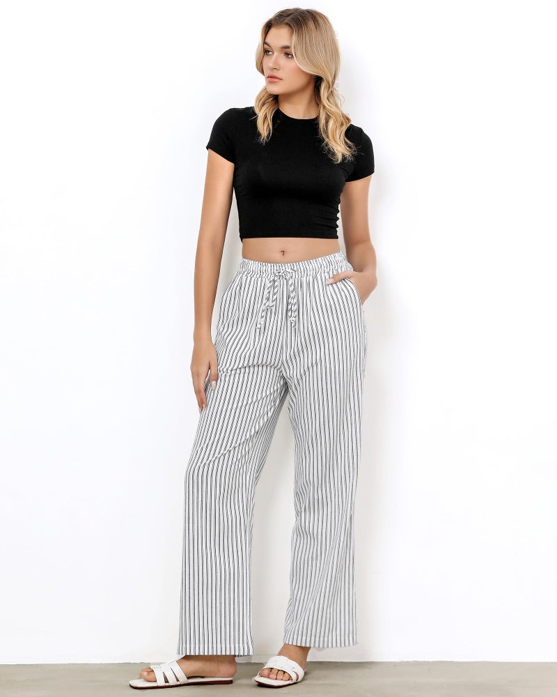 GRAPENT Womens White Pants Women's White Linen Wide Leg Pants Flowy Linen Women Comfy Flowy Wide Leg Black Stripe Size Small US 4 to 6 - Image 2