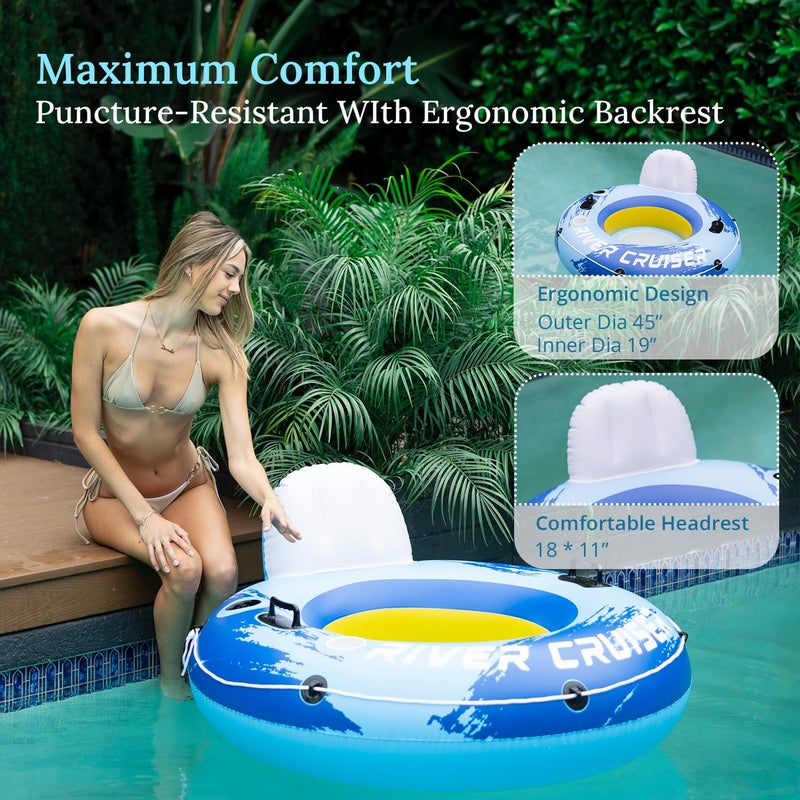 Sunrio 2-Pack River Tubes for Floating Heavy Duty Inflatable Floating Lounger Premium River Water Rafts Pool Float with Cup Holder Above Lake for Adults Blue White - Image 3