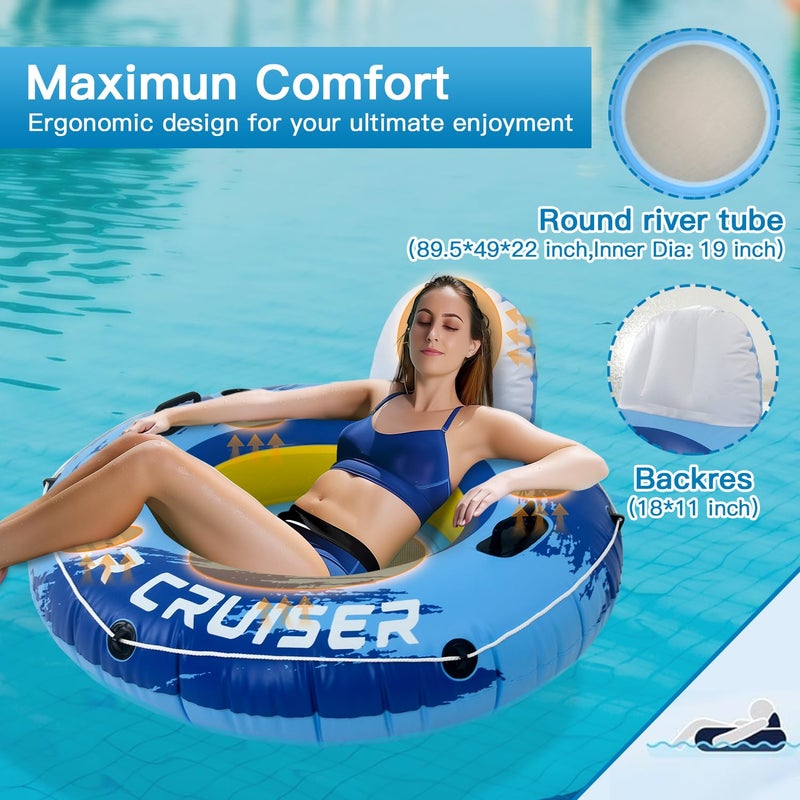 Sunrio 2-Pack River Tubes for Floating Heavy Duty Inflatable Floating Lounger Premium River Water Rafts Pool Float with Cup Holder Above Lake for Adults Blue White - Image 5