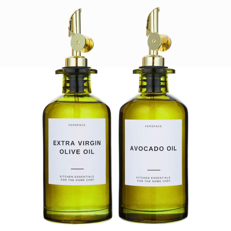 Verspace UV-Protected Green Glass Olive Oil Dispenser Bottles For Kitchen - Includes 40 Kitchen Essential Labels, Avocado Oil Dispenser Set, Modern Decor for Home, Airbnb, Cafe Set of 2 - Image 1