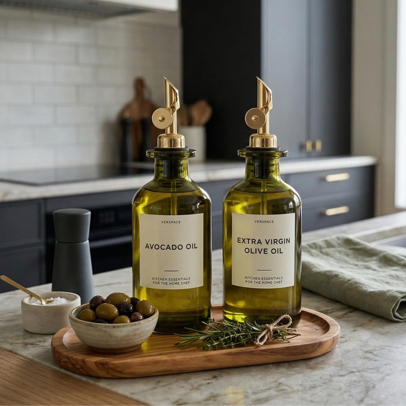 Verspace UV-Protected Green Glass Olive Oil Dispenser Bottles For Kitchen - Includes 40 Kitchen Essential Labels, Avocado Oil Dispenser Set, Modern Decor for Home, Airbnb, Cafe Set of 2 - Image 5