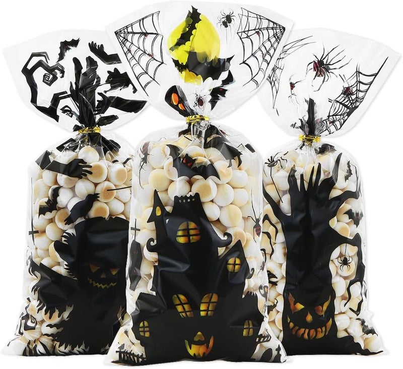 Winterworm Halloween Party Gift Bag with Twist Ties100 Pcs Halloween Cellophane Treat Bags Spider Bat Ghost Evil Pattern Candies Goodie Plastic Clear Bags Halloween Party Favor Bag for Cookie Chocolate Snack Packing - Image 1