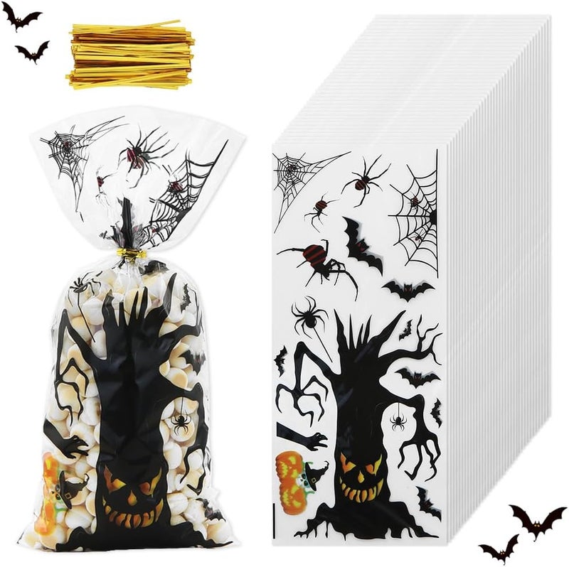 Winterworm Halloween Party Gift Bag with Twist Ties100 Pcs Halloween Cellophane Treat Bags Spider Bat Ghost Evil Pattern Candies Goodie Plastic Clear Bags Halloween Party Favor Bag for Cookie Chocolate Snack Packing - Image 2