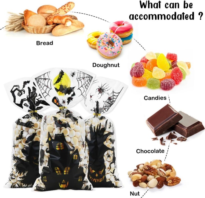 Winterworm Halloween Party Gift Bag with Twist Ties100 Pcs Halloween Cellophane Treat Bags Spider Bat Ghost Evil Pattern Candies Goodie Plastic Clear Bags Halloween Party Favor Bag for Cookie Chocolate Snack Packing - Image 4