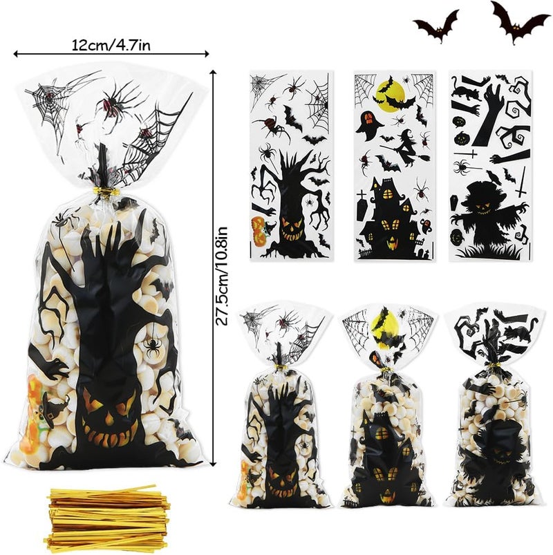 Winterworm Halloween Party Gift Bag with Twist Ties100 Pcs Halloween Cellophane Treat Bags Spider Bat Ghost Evil Pattern Candies Goodie Plastic Clear Bags Halloween Party Favor Bag for Cookie Chocolate Snack Packing - Image 3