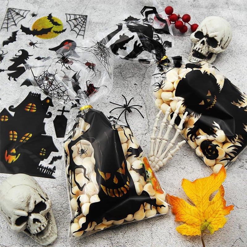 Winterworm Halloween Party Gift Bag with Twist Ties100 Pcs Halloween Cellophane Treat Bags Spider Bat Ghost Evil Pattern Candies Goodie Plastic Clear Bags Halloween Party Favor Bag for Cookie Chocolate Snack Packing - Image 5